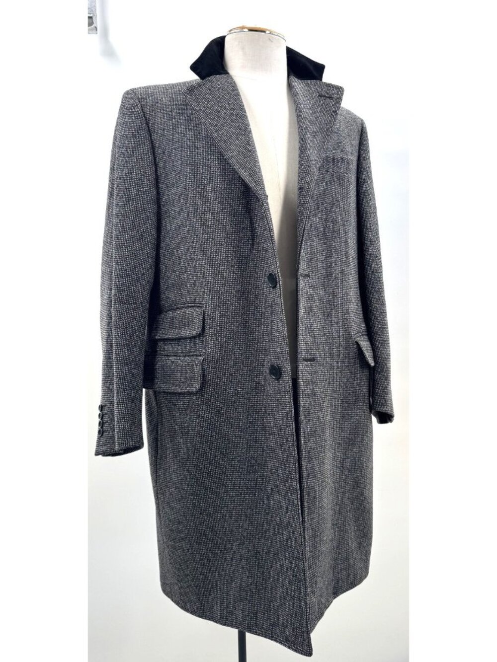 Vintage 80s CANALI Italy Grey Wool Overcoat Suede Trim Long Coat Jacket Sz 40R